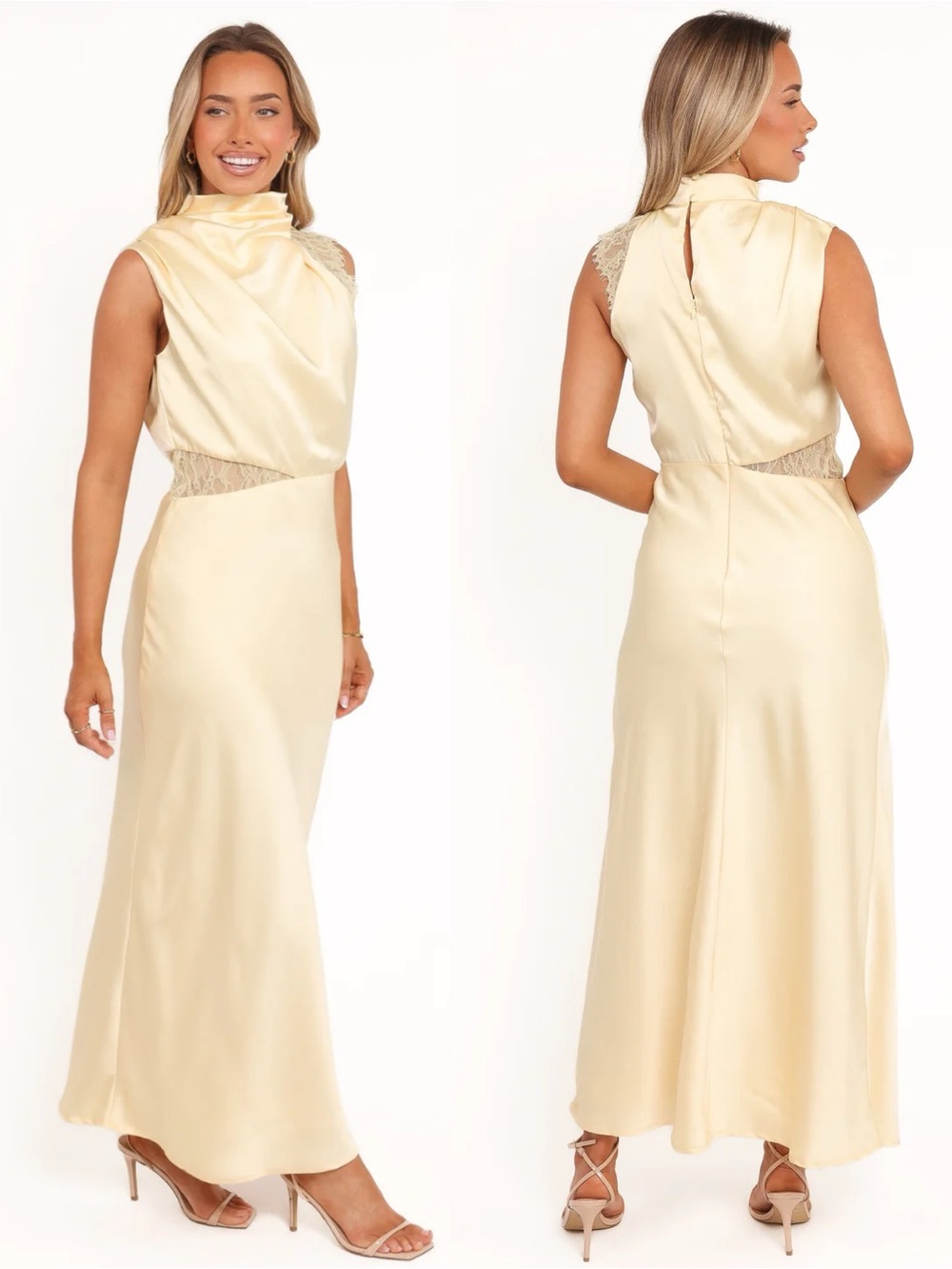 Petal & Pup Yellow Satin Asymmetric  Lace Sleeve Midi Cowl Neck Dress